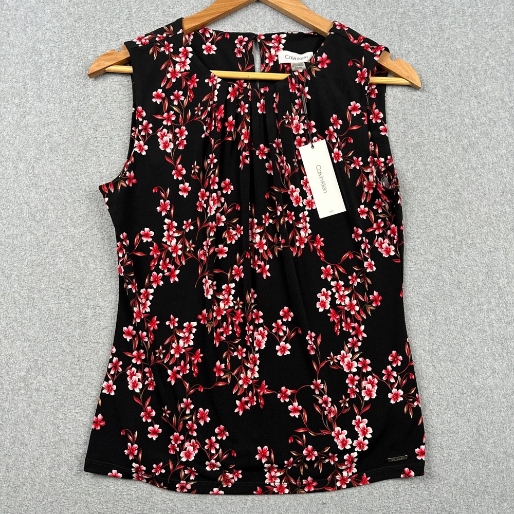 Calvin Klein Top Womens M Black Floral Sleeveless Blouse Stretch Round Neck